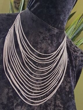 Layered Silver Draped Chain Necklace - Multi-Strand Statement 18 +2 In.